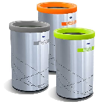 Bote de basura cilíndrico en acero inoxidable con aro superior de color para reciclaje