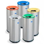Cesto cilíndrico cónico de acero inoxidable con tapa calada para reciclaje