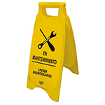 Señal plástica de piso tipo caballete color amarillo con advertencia de mantenimiento en proceso
