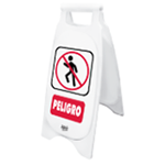 Letrero de piso tipo tijera color blanco con símbolo universal rojo de prohibición de paso