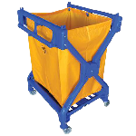 Carrito de lavandería industrial con bolsa de lona amarilla y estructura metálica azul con ruedas