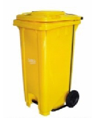 Contenedor industrial amarillo de 120 litros con ruedas de uso rudo y pedal frontal