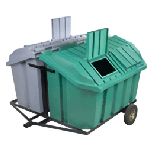 Remolque de basura doble compuesto por contenedores de gran tamaño sobre chasis de arrastre